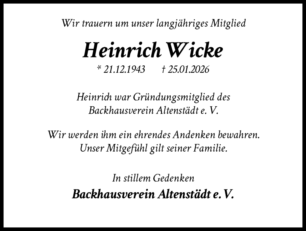  Traueranzeige für Heinrich Wicke vom 31.01.2026 aus HNA