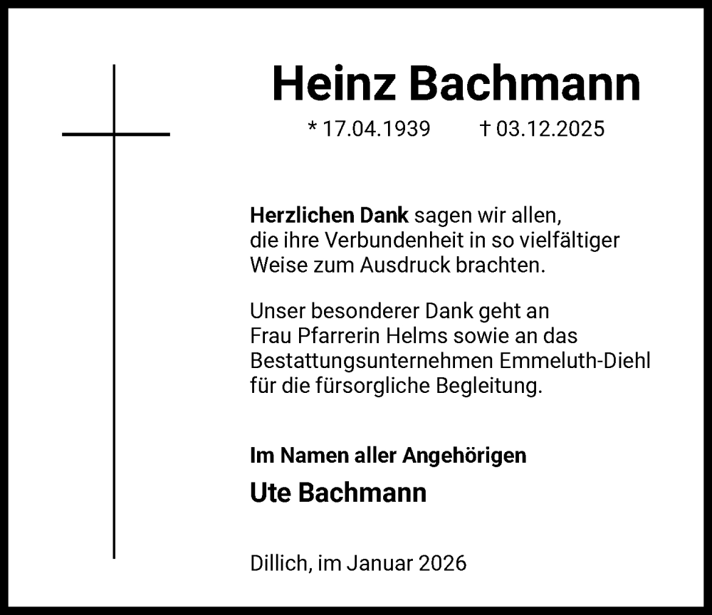  Traueranzeige für Heinz Bachmann vom 24.01.2026 aus HNA