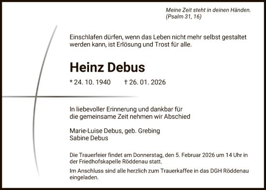 Traueranzeige von Heinz Debus von HNA