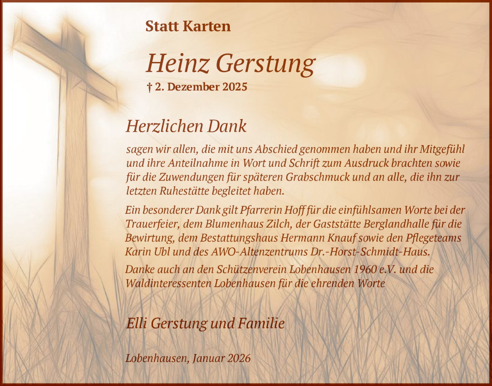  Traueranzeige für Heinz Gerstung vom 10.01.2026 aus HNA