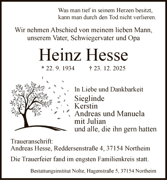 Traueranzeige von Heinz Hesse von HNA
