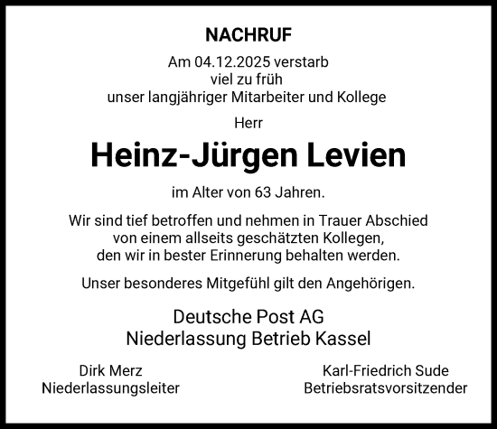 Traueranzeige von Heinz-Jürgen Levien von HNA