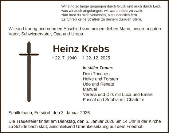 Traueranzeige von Heinz Krebs von HNA