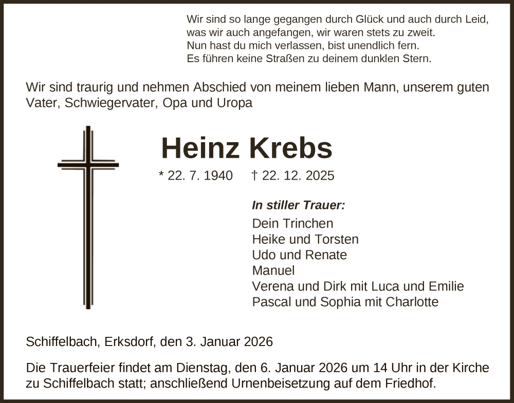  Traueranzeige für Heinz Krebs vom 03.01.2026 aus HNA