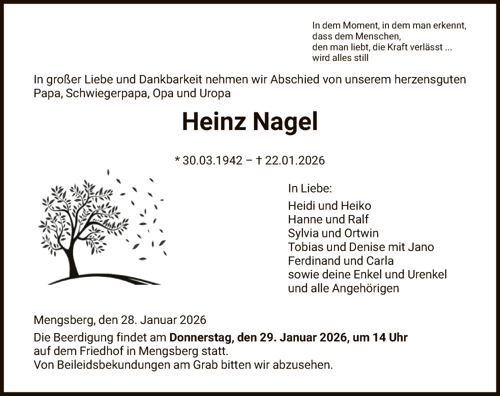  Traueranzeige für Heinz Nagel vom 28.01.2026 aus HNA