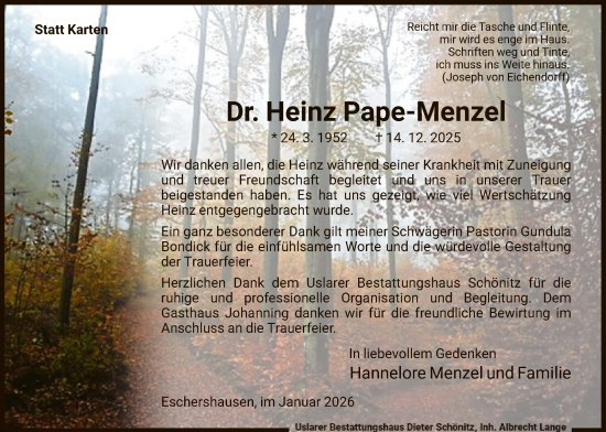 Traueranzeige von Heinz Pape-Menzel von HNA