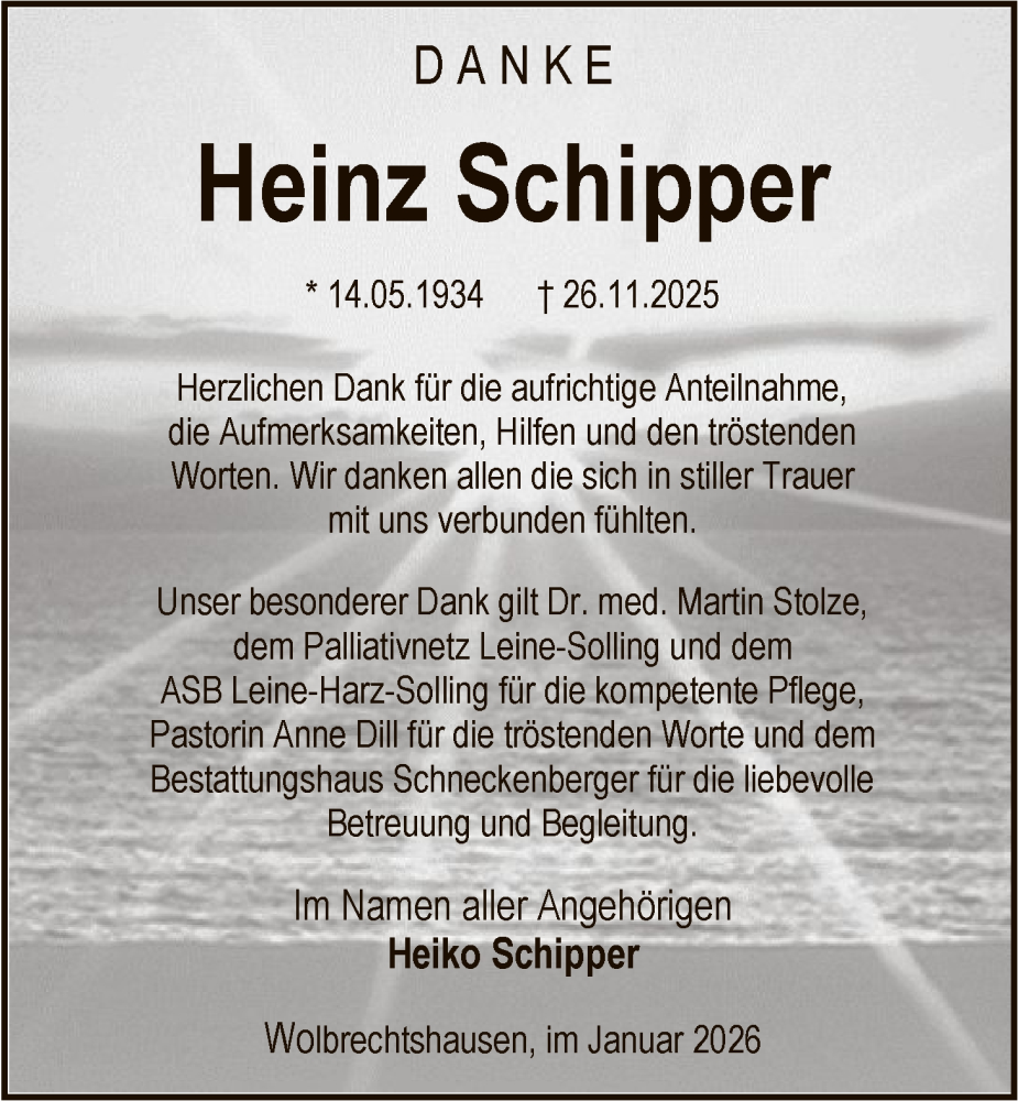  Traueranzeige für Heinz Schipper vom 10.01.2026 aus HNA