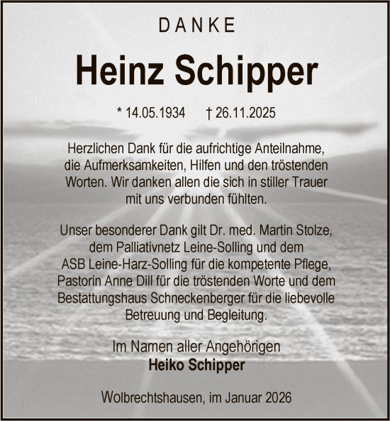 Traueranzeige von Heinz Schipper von HNA