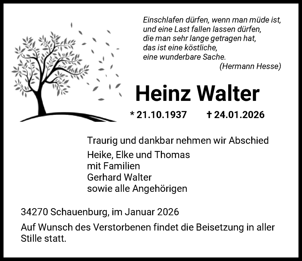  Traueranzeige für Heinz Walter vom 31.01.2026 aus HNA