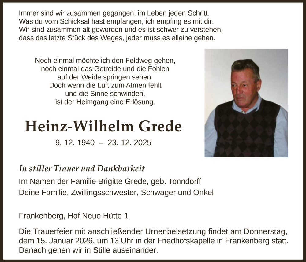  Traueranzeige für Heinz-Wilhelm Grede vom 10.01.2026 aus HNA
