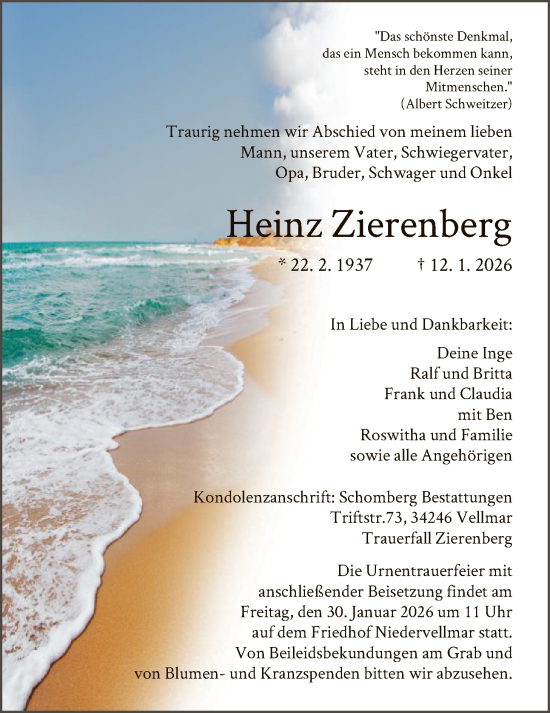 Traueranzeige von Heinz Zierenberg von HNA