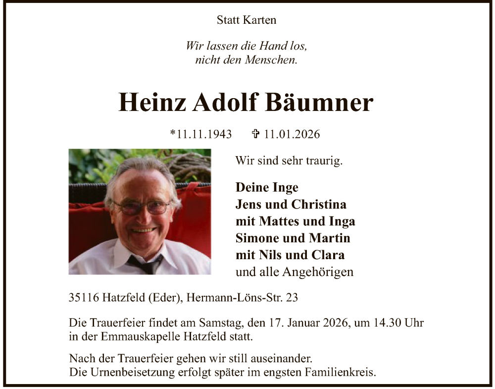  Traueranzeige für Heinz Adolf Bäumner vom 14.01.2026 aus HNA