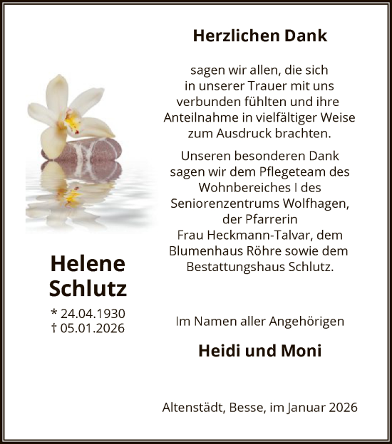 Traueranzeige von Helene Schlutz von HNA