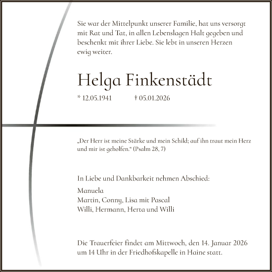 Traueranzeige von Helga Finkenstädt von HNA
