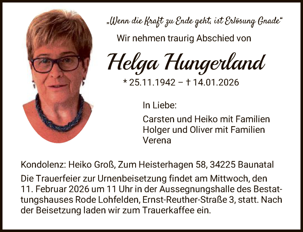  Traueranzeige für Helga Hungerland vom 24.01.2026 aus HNA