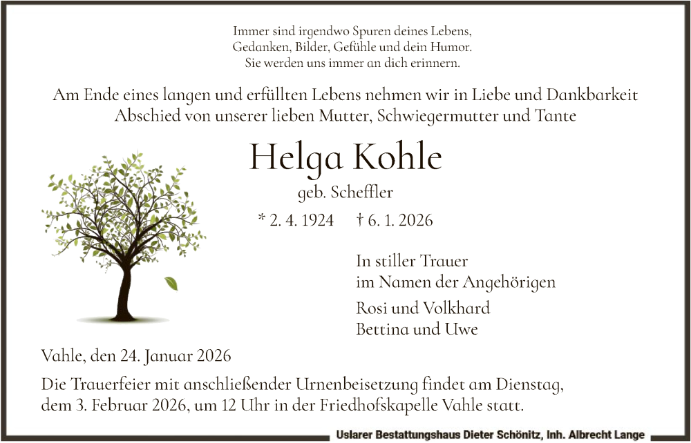  Traueranzeige für Helga Kohle vom 24.01.2026 aus HNA