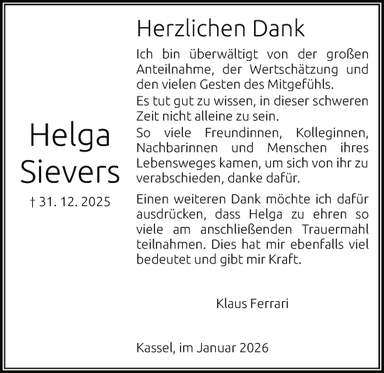 Traueranzeige von Helga Sievers von HNA