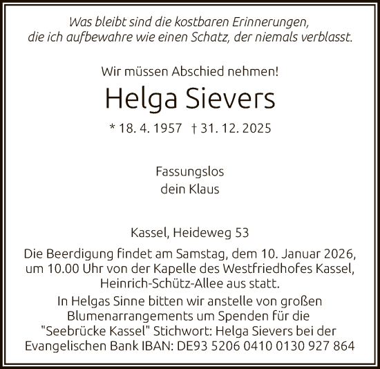 Traueranzeige von Helga Sievers von HNA