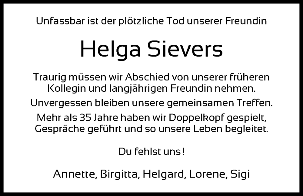  Traueranzeige für Helga Sievers vom 10.01.2026 aus HNA