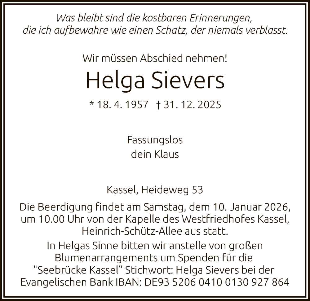  Traueranzeige für Helga Sievers vom 07.01.2026 aus HNA