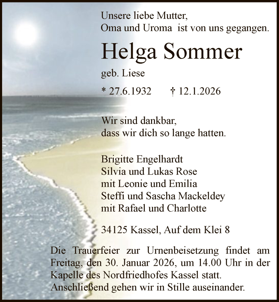  Traueranzeige für Helga Sommer vom 24.01.2026 aus HNA