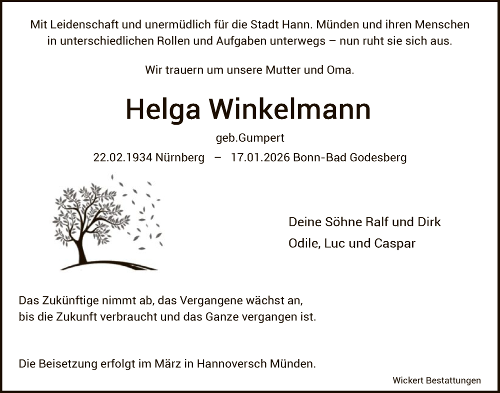  Traueranzeige für Helga Winkelmann vom 31.01.2026 aus HNA