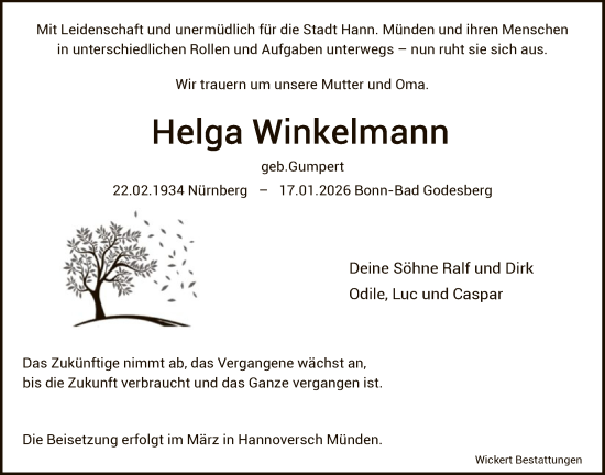 Traueranzeige von Helga Winkelmann von HNA