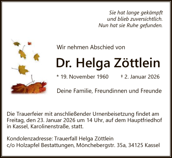 Traueranzeige von Helga Zöttlein von HNA