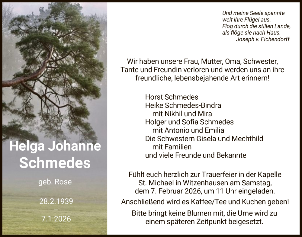  Traueranzeige für Helga Johanne Schmedes vom 24.01.2026 aus HNA