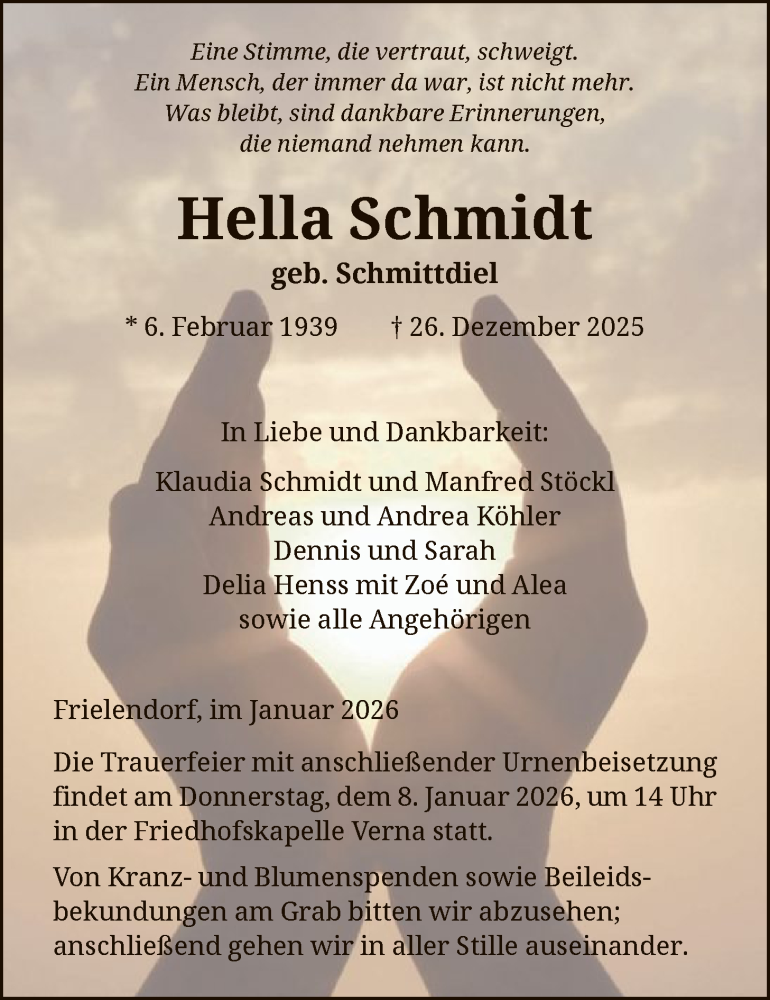  Traueranzeige für Hella Schmidt vom 03.01.2026 aus HNAHNA