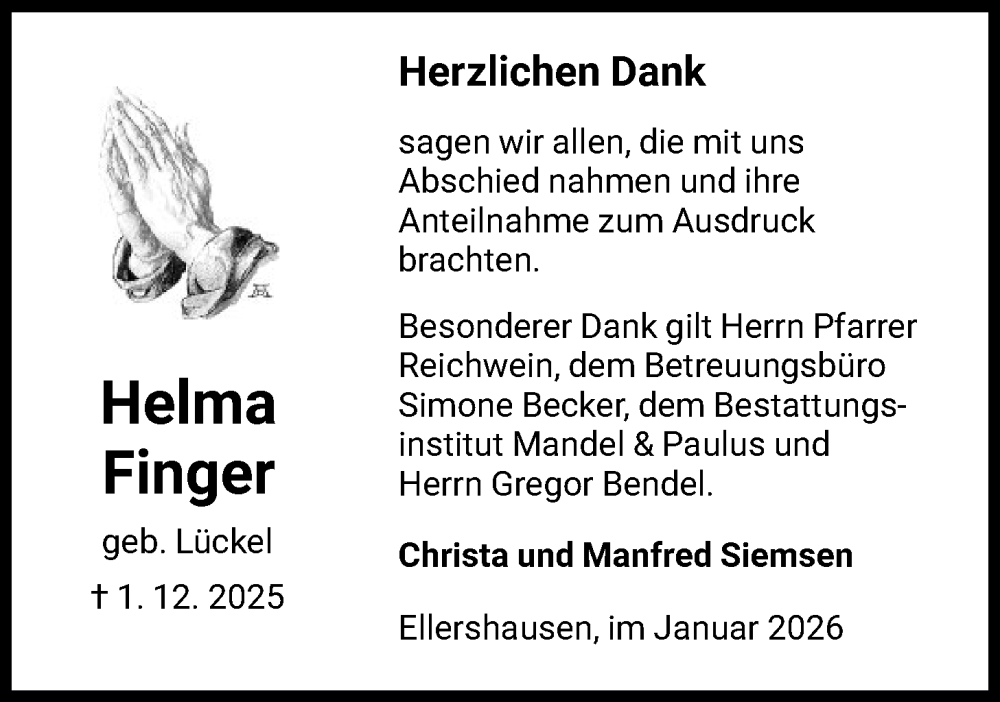  Traueranzeige für Helma Finger vom 17.01.2026 aus HNA