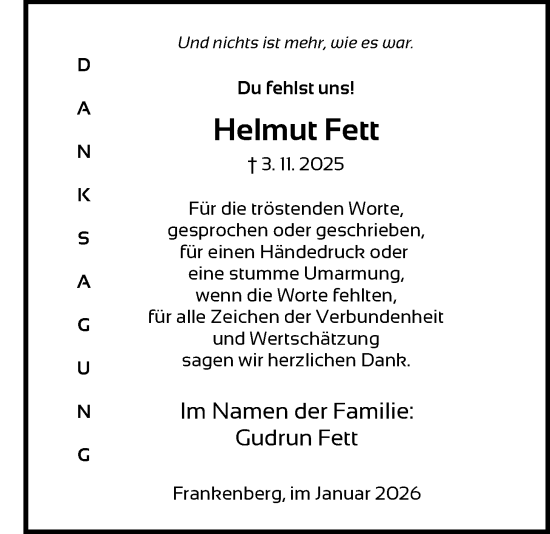 Traueranzeige von Helmut Fett von HNA