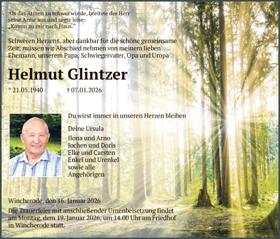 Traueranzeige von Helmut Glintzer von HNA
