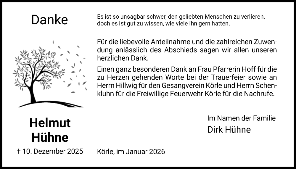  Traueranzeige für Helmut Hühne vom 31.01.2026 aus HNA