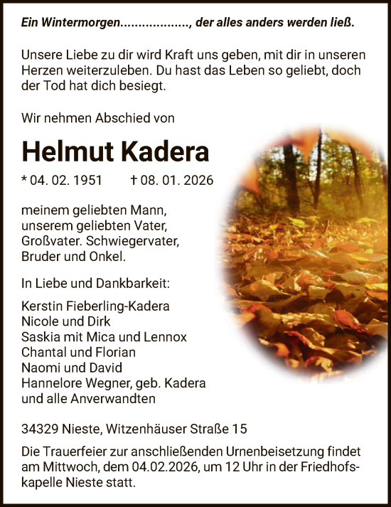 Traueranzeige von Helmut Kadera von HNA