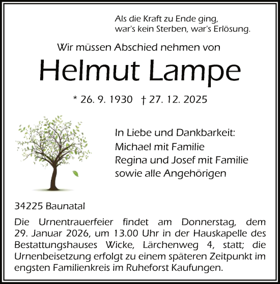 Traueranzeige von Helmut Lampe von HNA