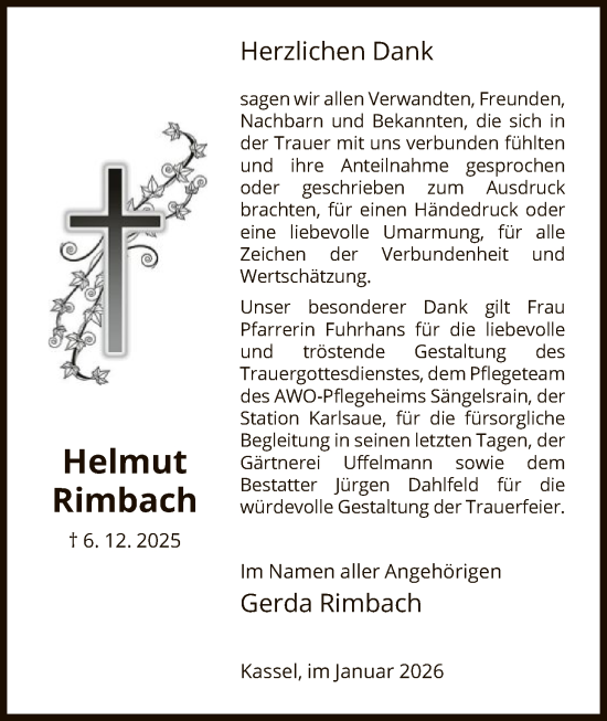 Traueranzeige von Helmut Rimbach von HNAWRS