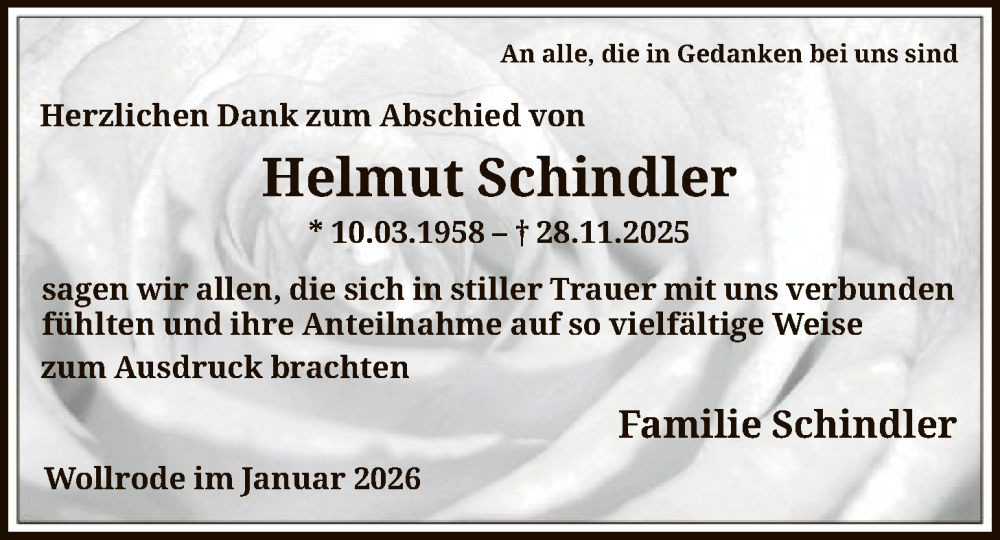  Traueranzeige für Helmut Schindler vom 27.01.2026 aus HNA
