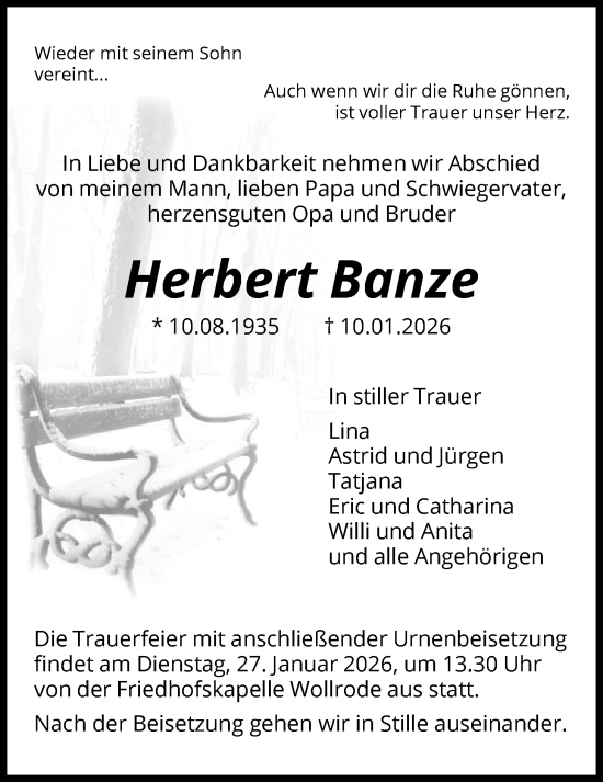 Traueranzeige von Herbert Banze von HNA