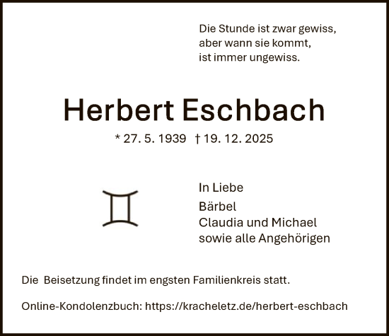 Traueranzeige von Herbert Eschbach von HNA