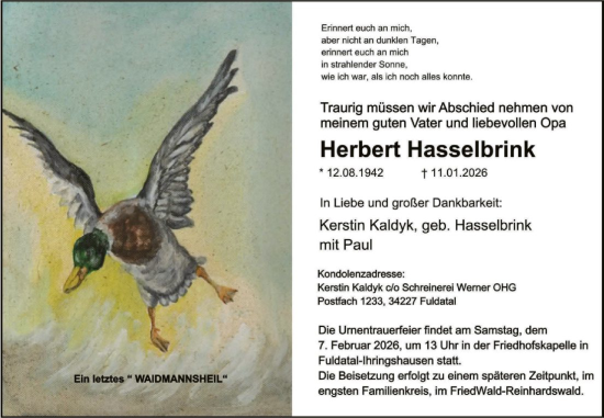 Traueranzeige von Herbert Hasselbrink von HNA