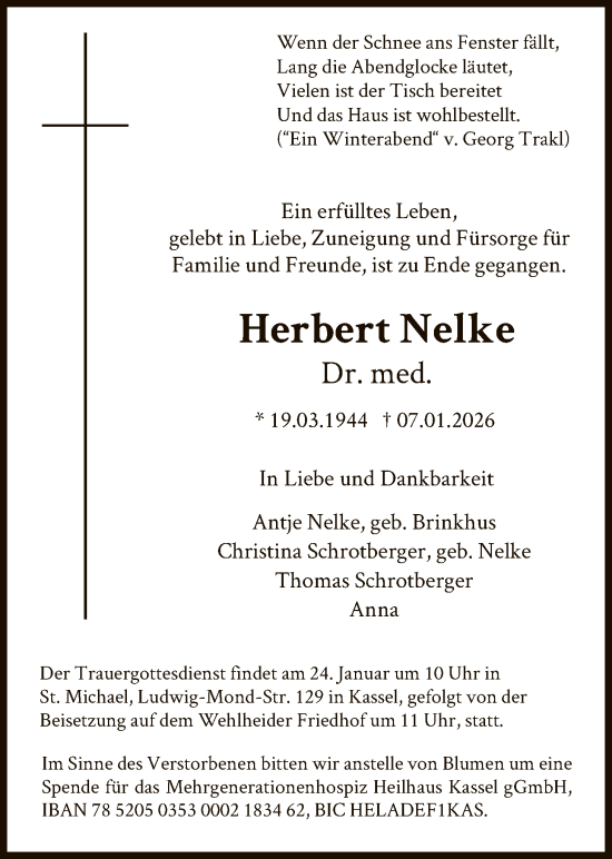 Traueranzeige von Herbert Nelke von HNA