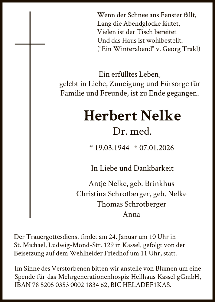  Traueranzeige für Herbert Nelke vom 17.01.2026 aus HNA