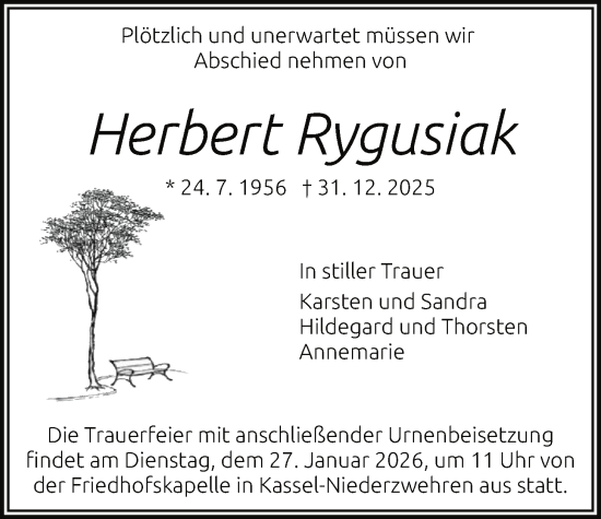 Traueranzeige von Herbert Rygusiak von HNA