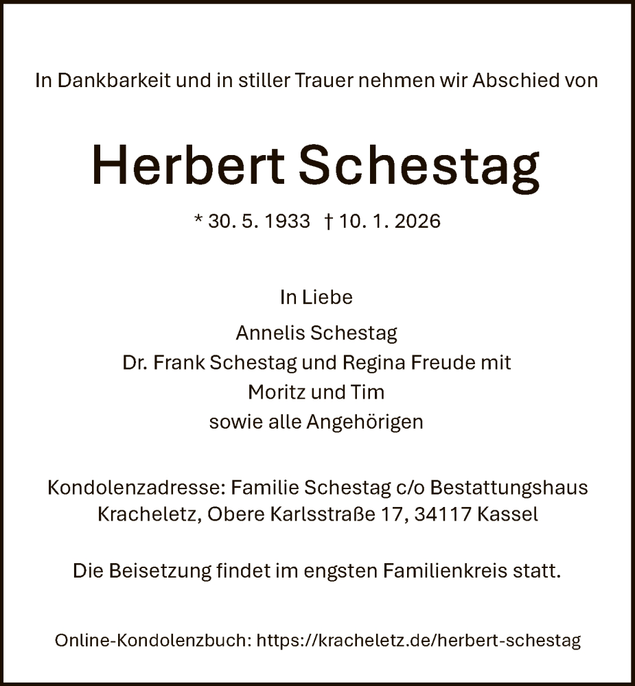  Traueranzeige für Herbert Schestag vom 17.01.2026 aus HNA