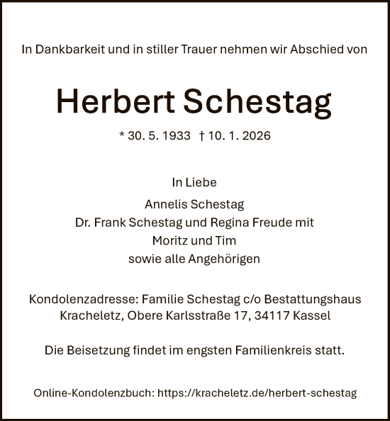 Traueranzeige von Herbert Schestag von HNA