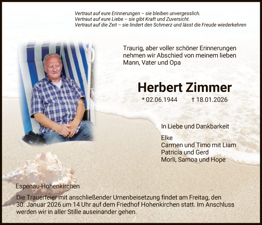  Traueranzeige für Herbert Zimmer vom 24.01.2026 aus HNAHNA