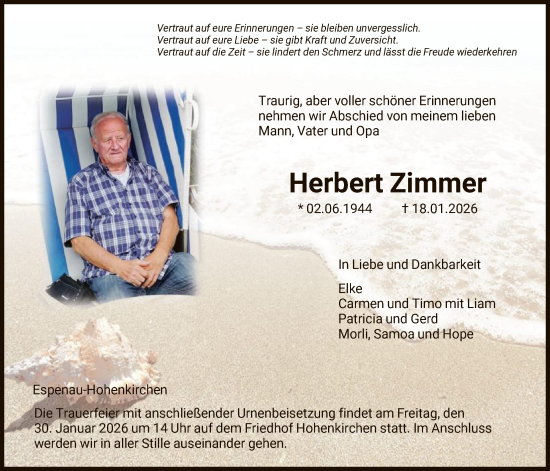 Traueranzeige von Herbert Zimmer von HNAHNA
