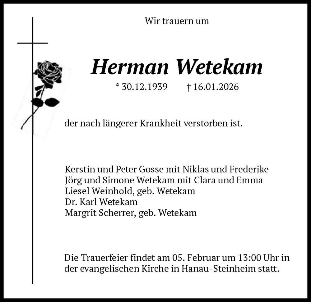  Traueranzeige für Herman Wetekam vom 31.01.2026 aus HNA