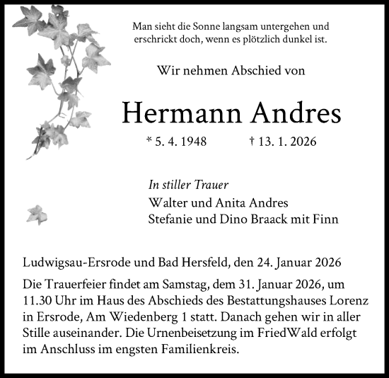 Traueranzeige von Hermann Andres von HNA